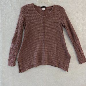 VENUS Top Blouse Woman's XS Long Sleeve With Lace Insert Waffle Weave Split Side